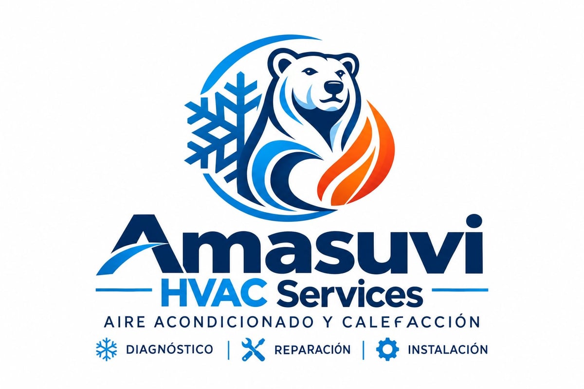 Amasuvi HVAC Services - logotipo con oso polar, copo de nieve y llama
